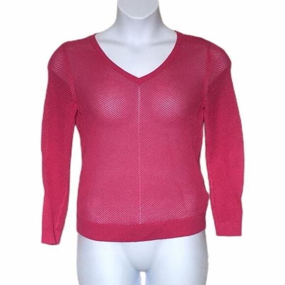 Banana Republic Bright Pink Open Knit V-Neck Sweater PS Lightweight Barbiecore - Picture 2 of 9